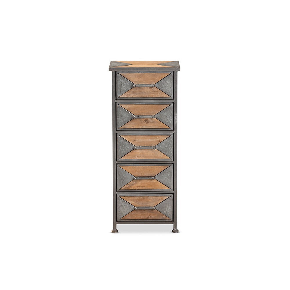 Baxton Studio Laurel Rustic Industrial Antique Grey Finished Metal and Whitewashed Oak Brown Finished Wood 5-Drawer Accent Storage Cabinet