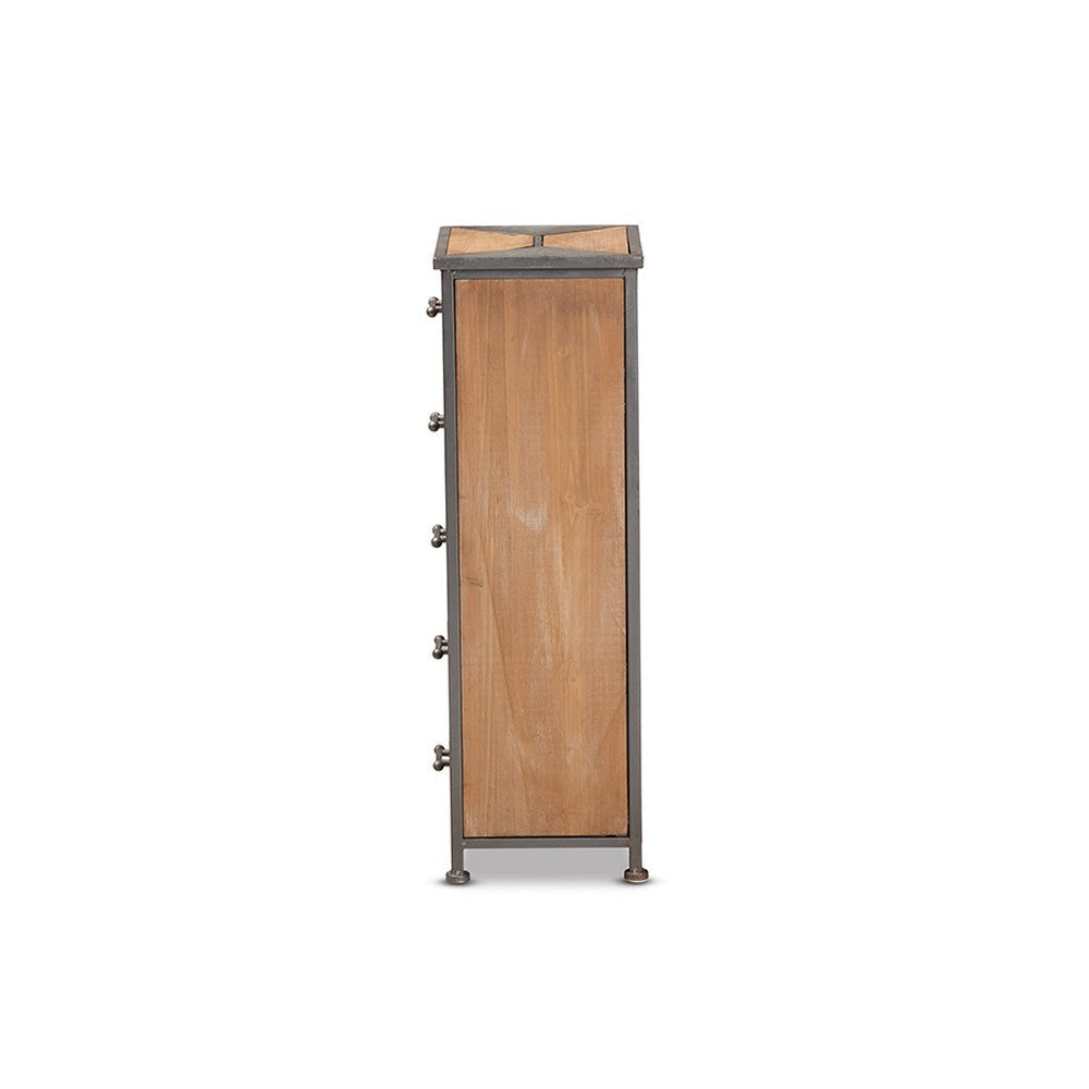 Baxton Studio Laurel Rustic Industrial Antique Grey Finished Metal and Whitewashed Oak Brown Finished Wood 5-Drawer Accent Storage Cabinet