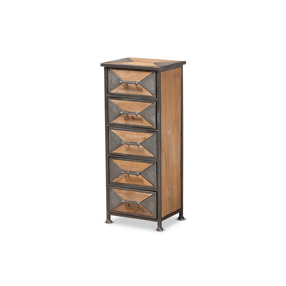 Baxton Studio Laurel Rustic Industrial Antique Grey Finished Metal and Whitewashed Oak Brown Finished Wood 5-Drawer Accent Storage Cabinet