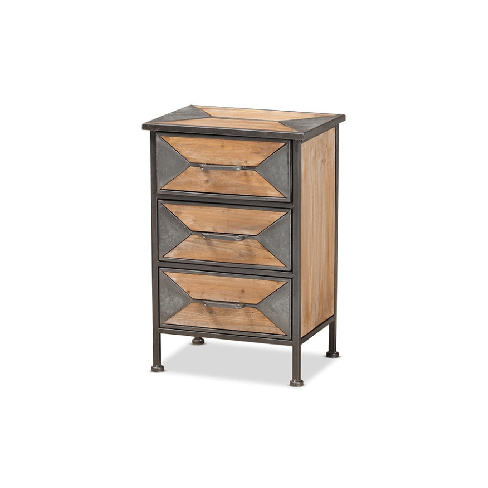 Baxton Studio Laurel Rustic Industrial Antique Grey Finished Metal and Whitewashed Oak Brown Finished Wood 3-Drawer End Table