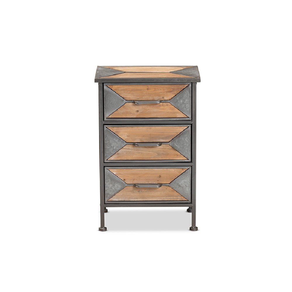 Baxton Studio Laurel Rustic Industrial Antique Grey Finished Metal and Whitewashed Oak Brown Finished Wood 3-Drawer End Table