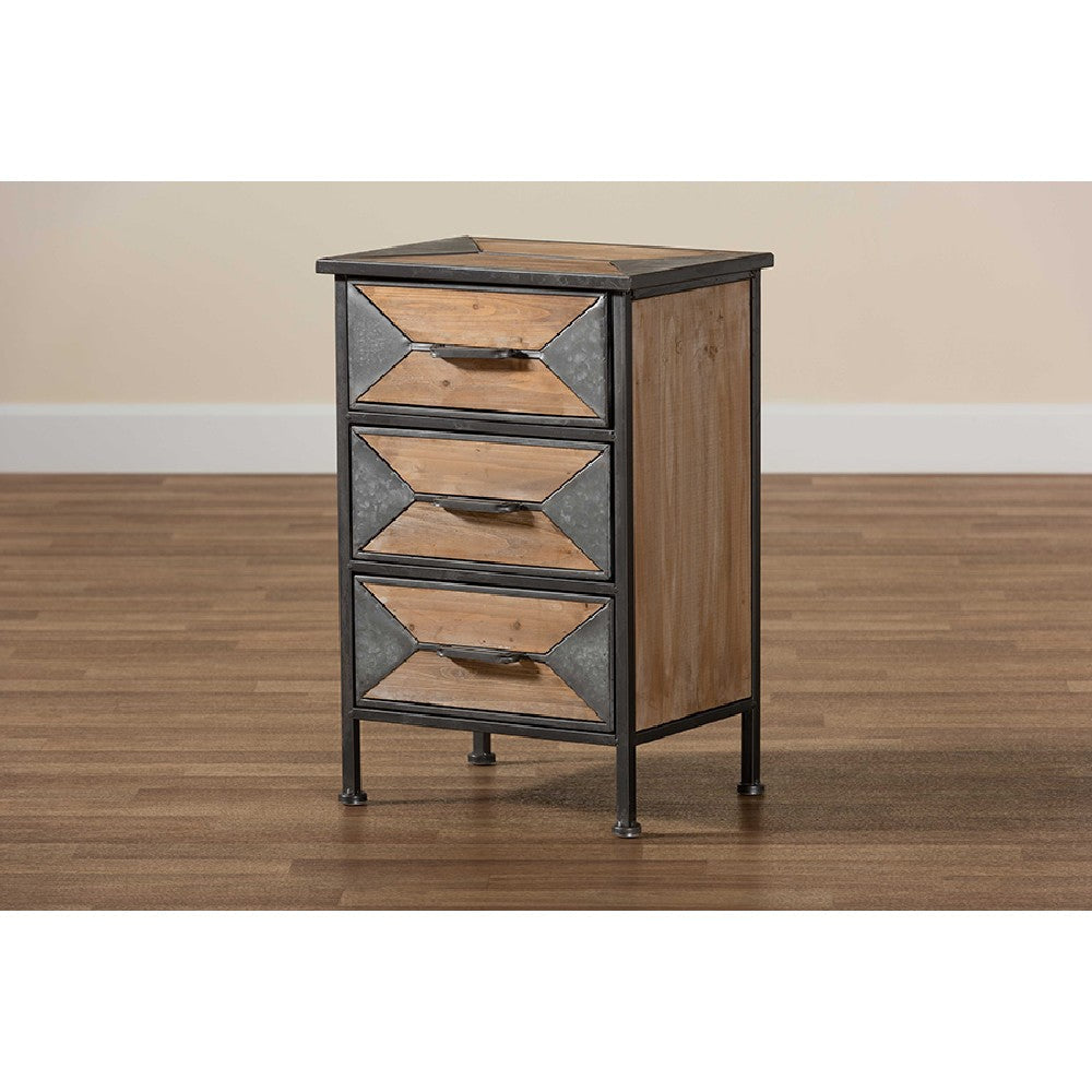 Baxton Studio Laurel Rustic Industrial Antique Grey Finished Metal and Whitewashed Oak Brown Finished Wood 3-Drawer End Table