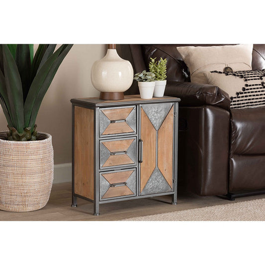 Baxton Studio Laurel Rustic Industrial Antique Grey Finished Metal and Whitewashed Oak Brown Finished Wood 3-Drawer Accent Storage Cabinet