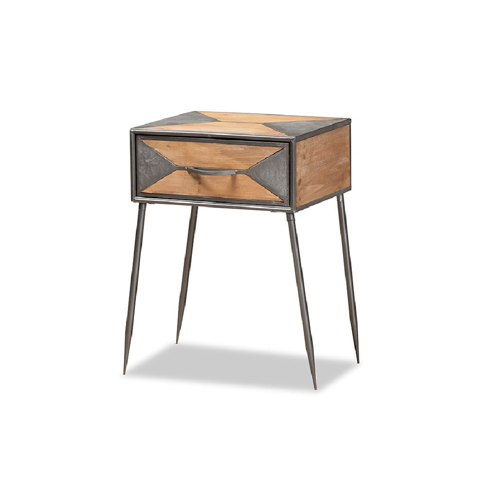Baxton Studio Laurel Rustic Industrial Antique Grey Finished Metal and Whitewashed Oak Brown Finished Wood 1-Drawer End Table