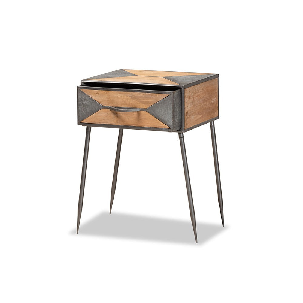 Baxton Studio Laurel Rustic Industrial Antique Grey Finished Metal and Whitewashed Oak Brown Finished Wood 1-Drawer End Table