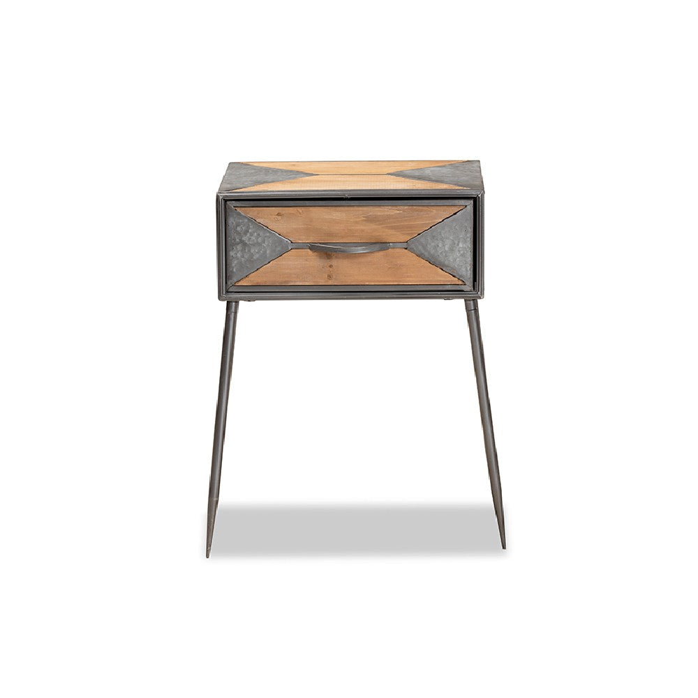 Baxton Studio Laurel Rustic Industrial Antique Grey Finished Metal and Whitewashed Oak Brown Finished Wood 1-Drawer End Table