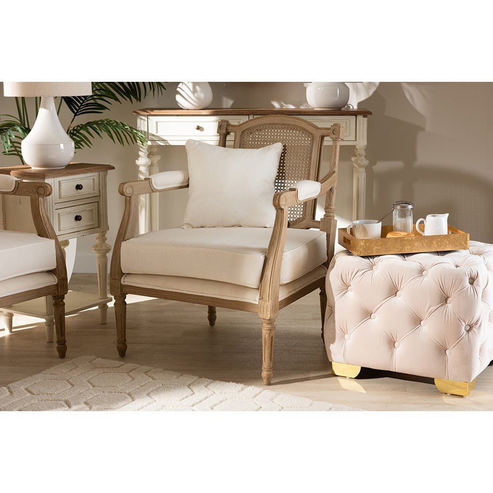 Baxton Studio Clemence French Provincial Ivory Fabric Upholstered Whitewashed Wood Armchair