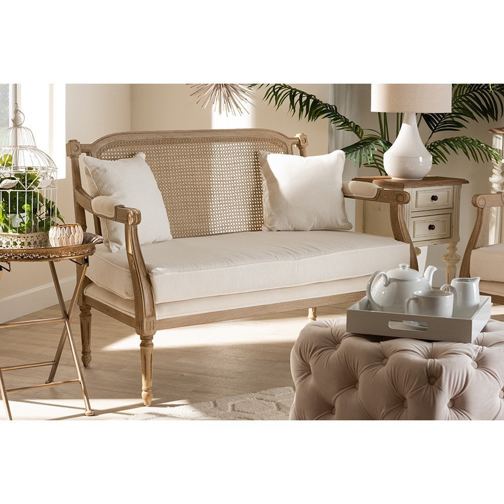 Baxton Studio Clemence French Provincial Ivory Fabric Upholstered Whitewashed Wood Loveseat