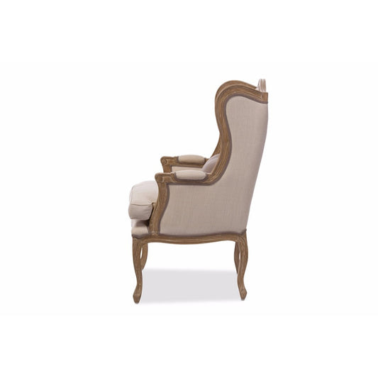 Baxton Studio Oreille French Provincial Style White Wash Distressed Two-tone Beige Upholstered Armchair