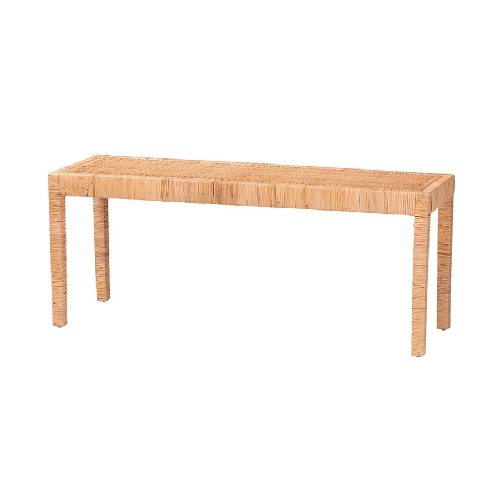 bali & pari Abelia Modern Bohemian Natural Rattan and Mahogany Wood Long Accent Bench