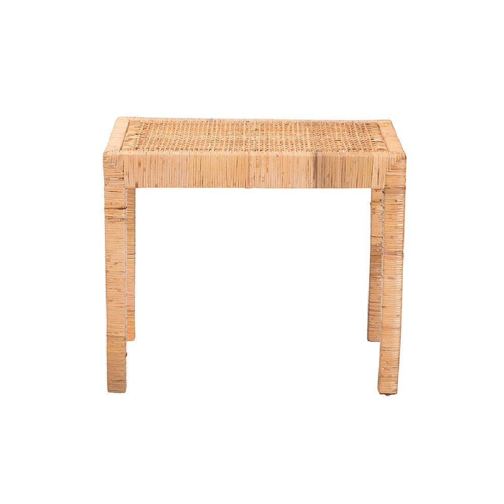 bali & pari Abelia Modern Bohemian Natural Rattan and Mahogany Wood Short Accent Bench