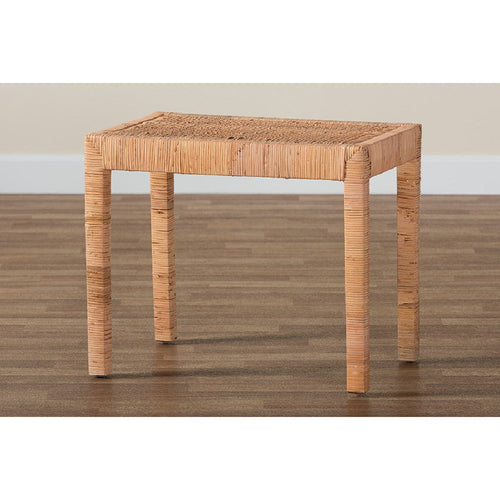bali & pari Abelia Modern Bohemian Natural Rattan and Mahogany Wood Short Accent Bench