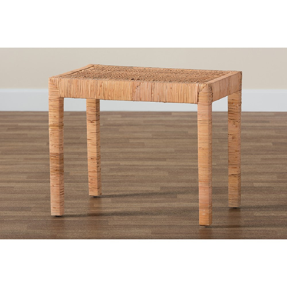 bali & pari Abelia Modern Bohemian Natural Rattan and Mahogany Wood Short Accent Bench