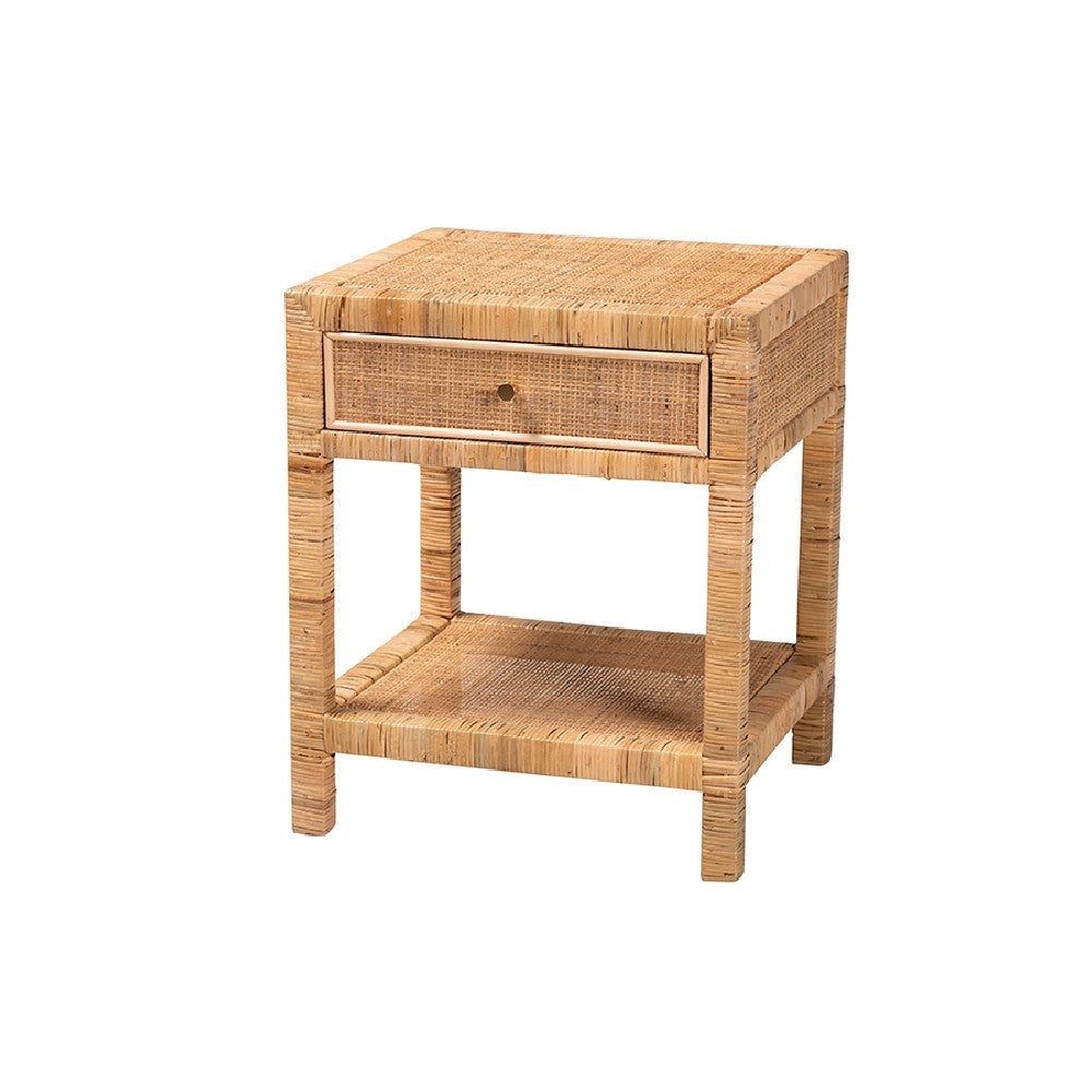 bali & pari Adelia Modern Bohemian Natural Rattan and Mahogany Wood 1-Drawer Nightstand WHI-Adelia-Wooden-NS