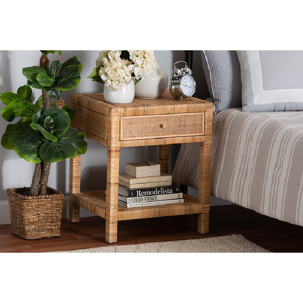 bali & pari Adelia Modern Bohemian Natural Rattan and Mahogany Wood 1-Drawer Nightstand WHI-Adelia-Wooden-NS