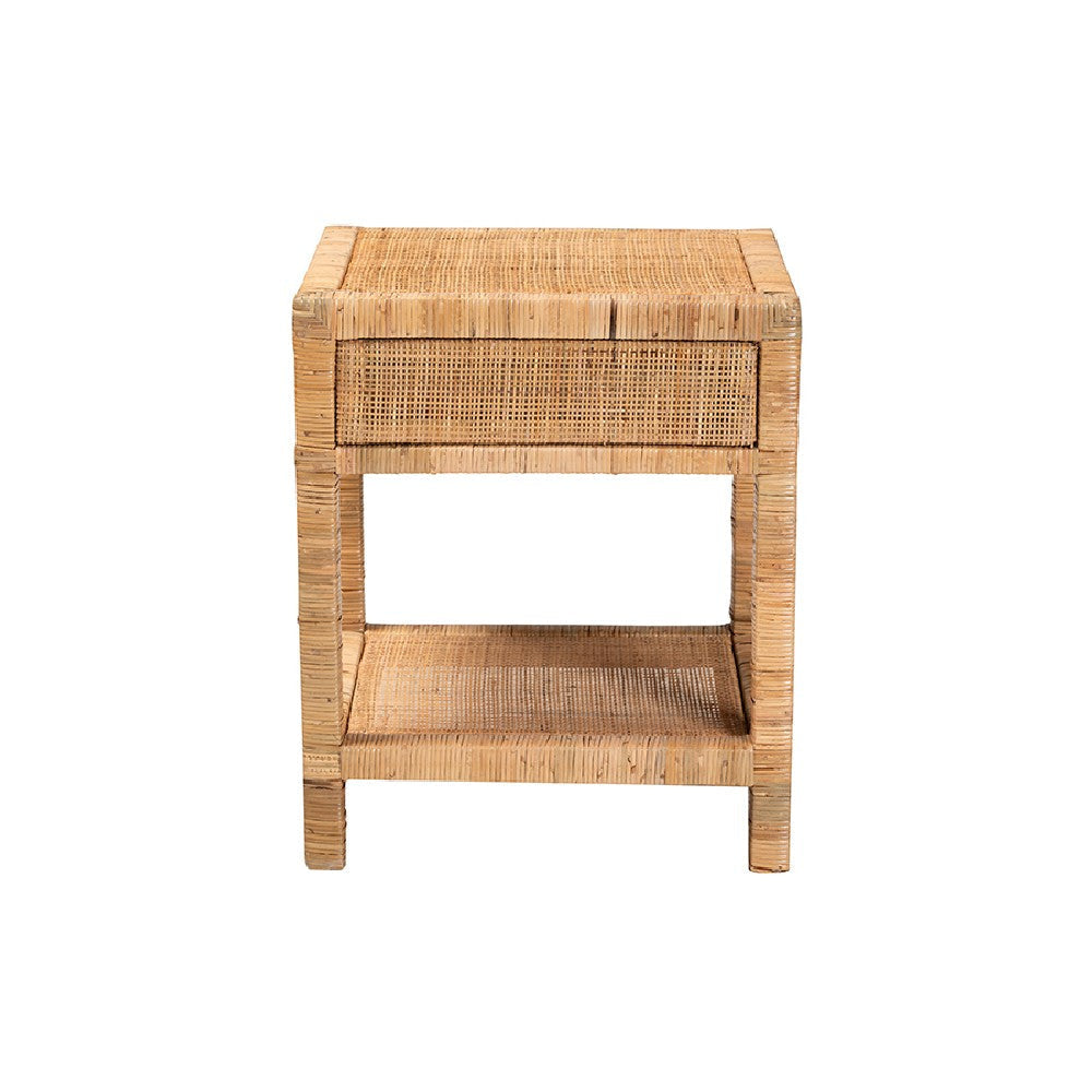 bali & pari Adelia Modern Bohemian Natural Rattan and Mahogany Wood 1-Drawer Nightstand WHI-Adelia-Wooden-NS