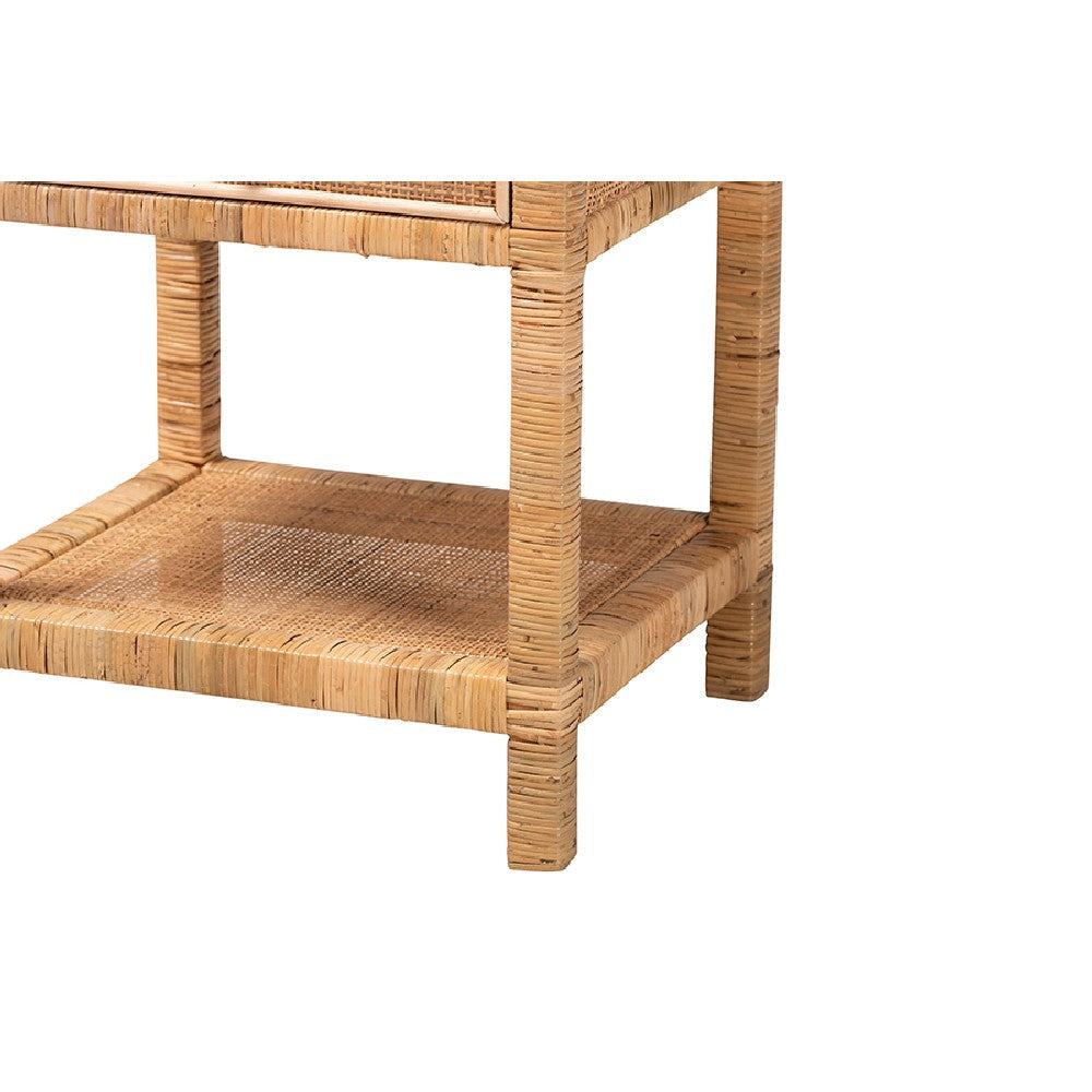bali & pari Adelia Modern Bohemian Natural Rattan and Mahogany Wood 1-Drawer Nightstand WHI-Adelia-Wooden-NS