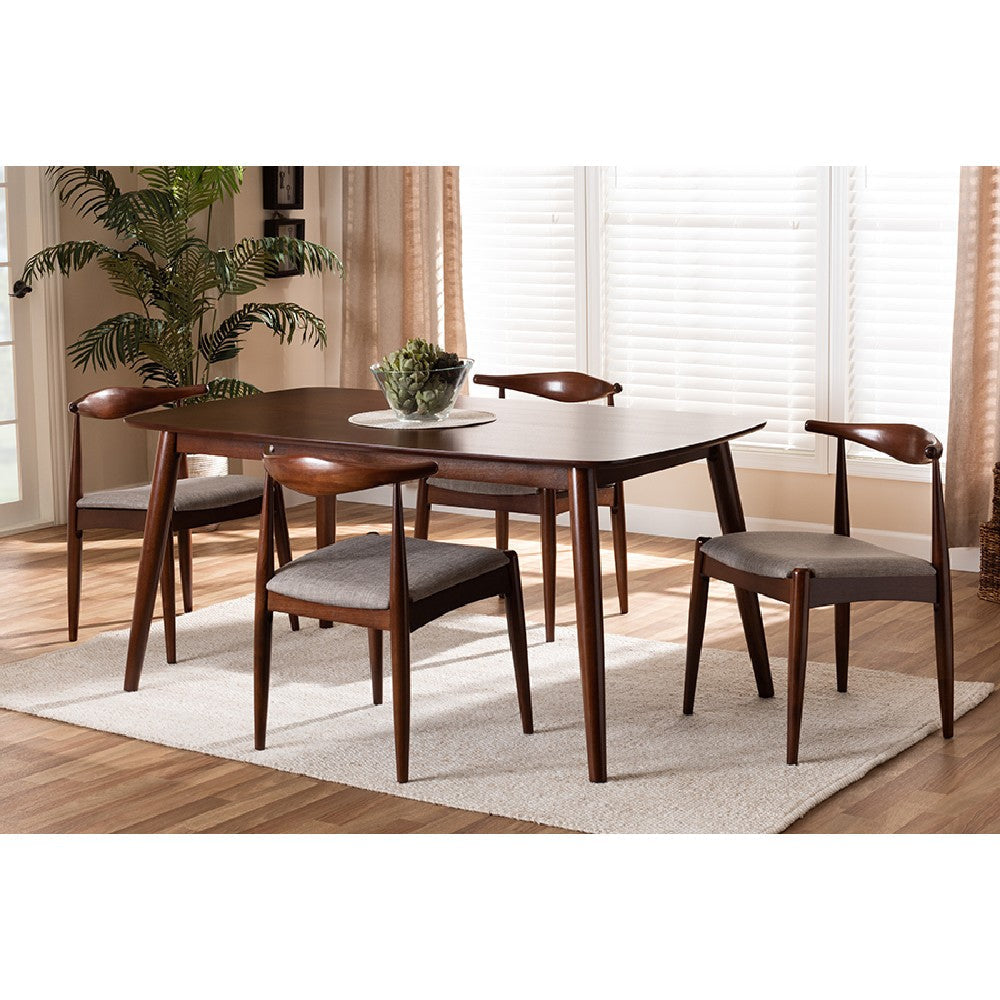 Baxton Studio Amato Mid-Century Modern Light Gray Fabric Upholstered Walnut Finished Wood 5-Piece Dining Set