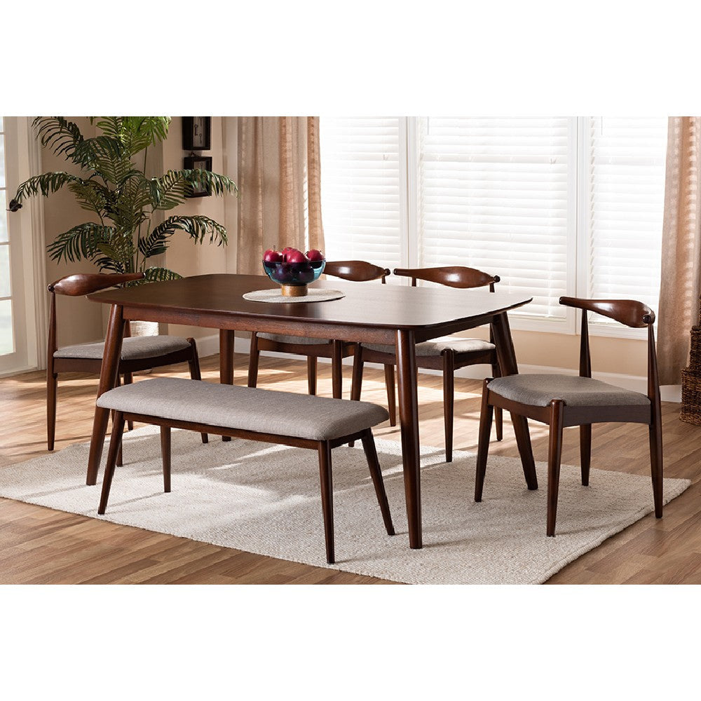 Baxton Studio Amato Mid-Century Modern Light Gray Fabric Upholstered Walnut Finished Wood 6-Piece Dining Set