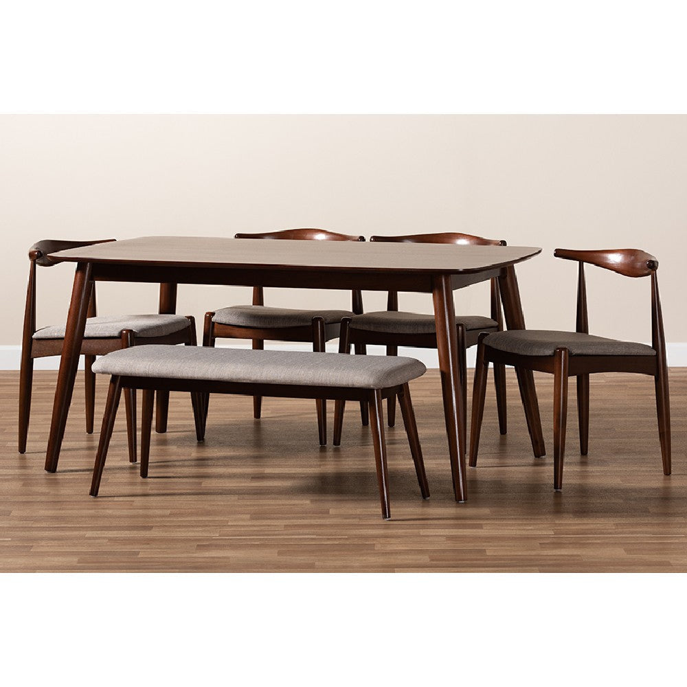 Baxton Studio Amato Mid-Century Modern Light Gray Fabric Upholstered Walnut Finished Wood 6-Piece Dining Set