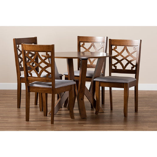Baxton Studio Alisa Modern and Contemporary Grey Fabric Upholstered and Walnut Brown Finished Wood 5-Piece Dining Set