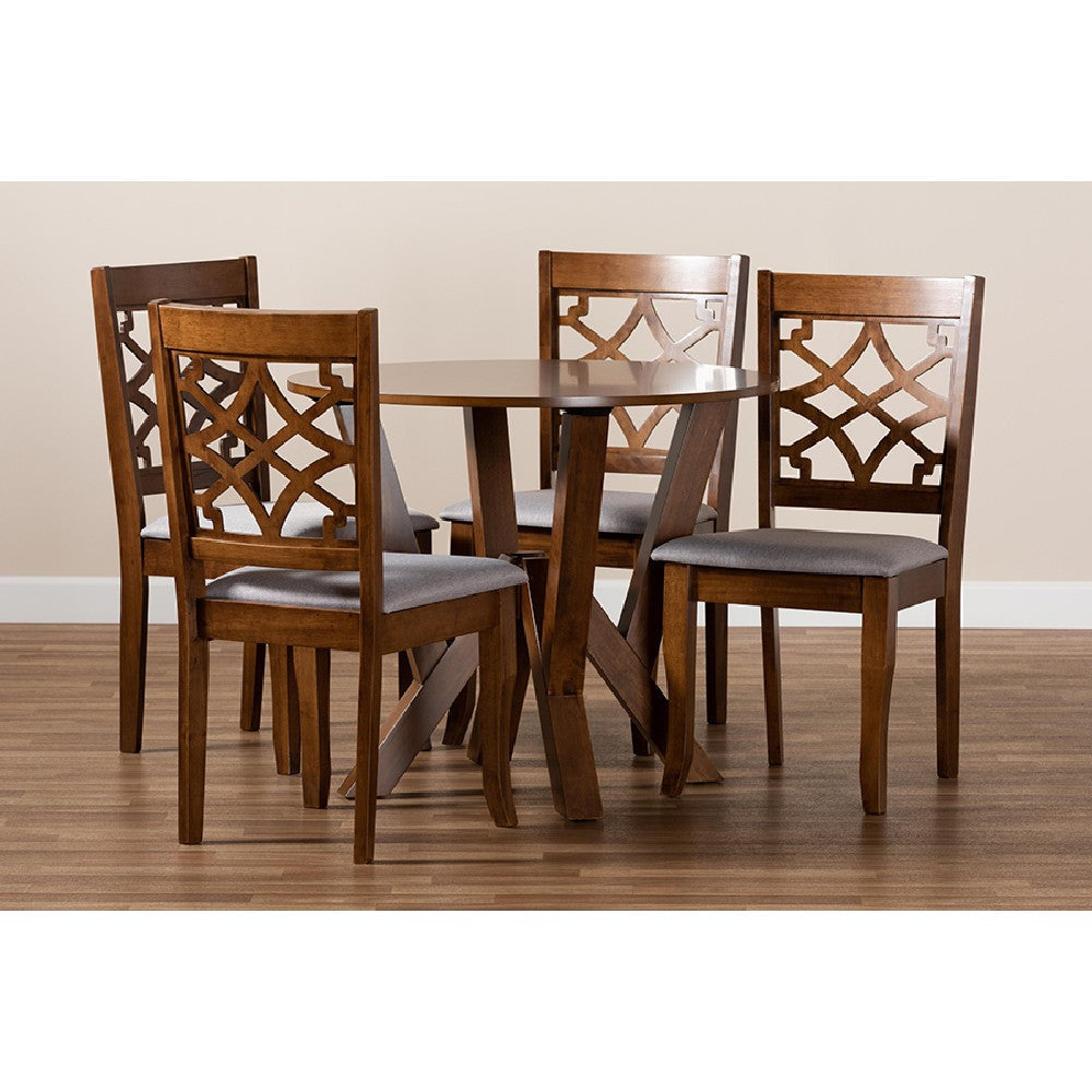 Baxton Studio Alisa Modern and Contemporary Grey Fabric Upholstered and Walnut Brown Finished Wood 5-Piece Dining Set