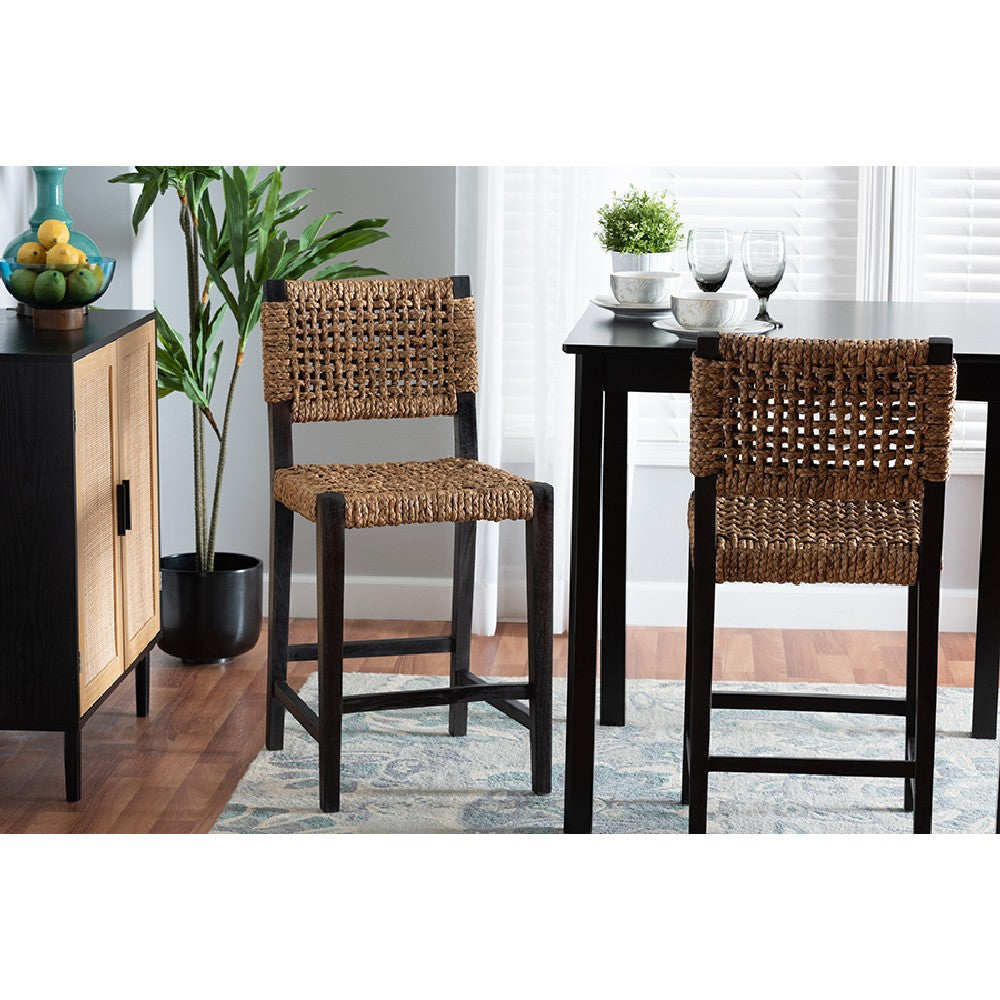 bali & pari Alise Modern Bohemian Dark Brown Mahogany Wood and Seagrass Counter Stool WHI-Alise-Mahogany-CS