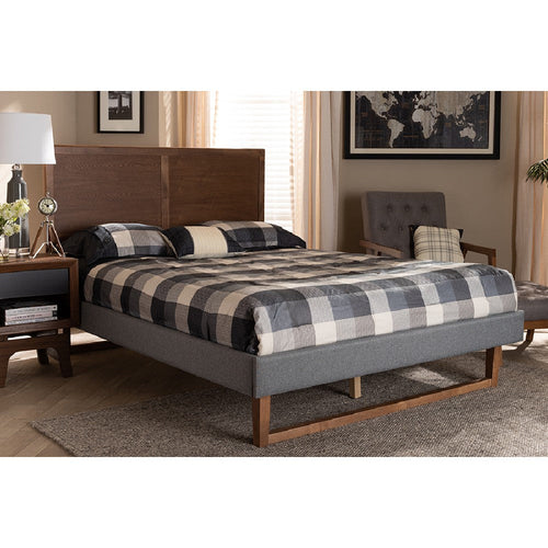 Baxton Studio Allegra Mid-Century Modern Dark Grey Fabric Upholstered and Ash Walnut Brown Finished Wood Full Size Platform Bed