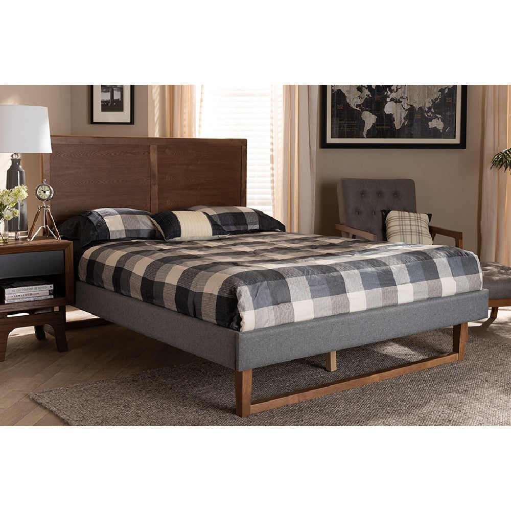 Baxton Studio Allegra Mid-Century Modern Dark Grey Fabric Upholstered and Ash Walnut Brown Finished Wood Queen Size Platform Bed