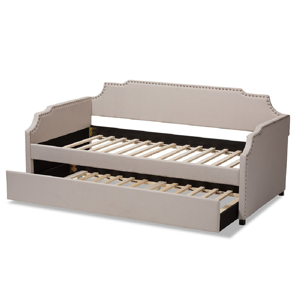 Baxton Studio Ally Modern and Contemporary Beige Fabric Upholstered Twin Size Sofa Daybed with Roll Out Trundle Guest Bed