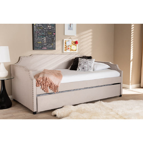 Baxton Studio Ally Modern and Contemporary Beige Fabric Upholstered Twin Size Sofa Daybed with Roll Out Trundle Guest Bed