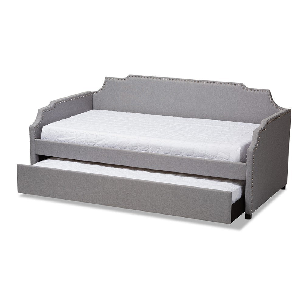 Baxton Studio Ally Modern and Contemporary Grey Fabric Upholstered Twin Size Sofa Daybed with Roll Out Trundle Guest Bed