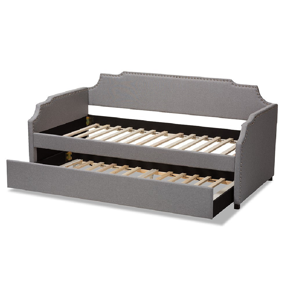 Baxton Studio Ally Modern and Contemporary Grey Fabric Upholstered Twin Size Sofa Daybed with Roll Out Trundle Guest Bed