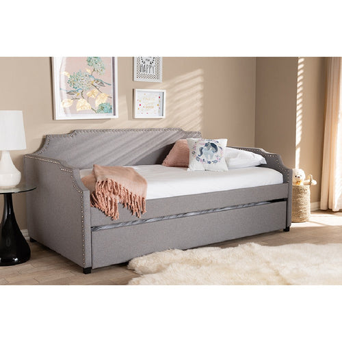 Baxton Studio Ally Modern and Contemporary Grey Fabric Upholstered Twin Size Sofa Daybed with Roll Out Trundle Guest Bed