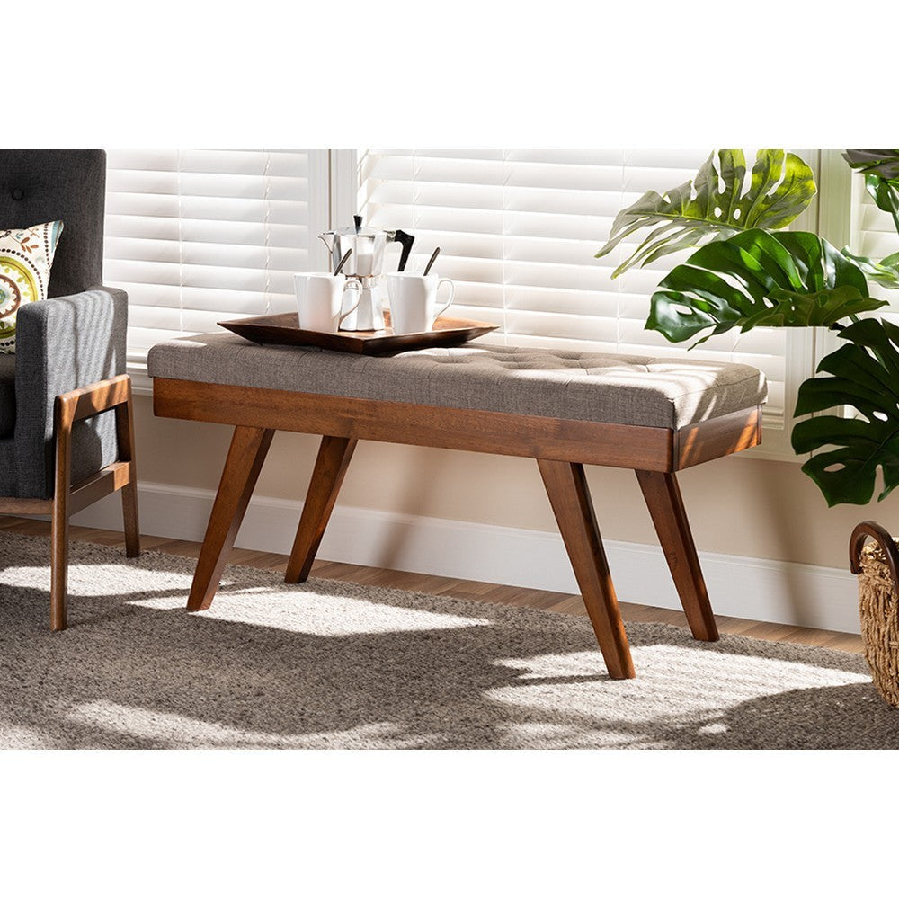 Baxton Studio Alona Mid-Century Modern Light Grey Fabric Upholstered Wood Dining Bench