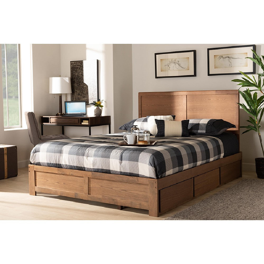 Baxton Studio Aras Modern and Contemporary Transitional Ash Walnut Brown Finished Wood Queen Size 3-Drawer Platform Storage Bed