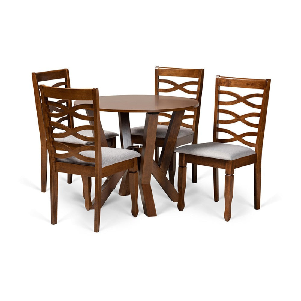 Baxton Studio Ariane Modern and Contemporary Grey Fabric Upholstered and Walnut Brown Finished Wood 5-Piece Dining Set