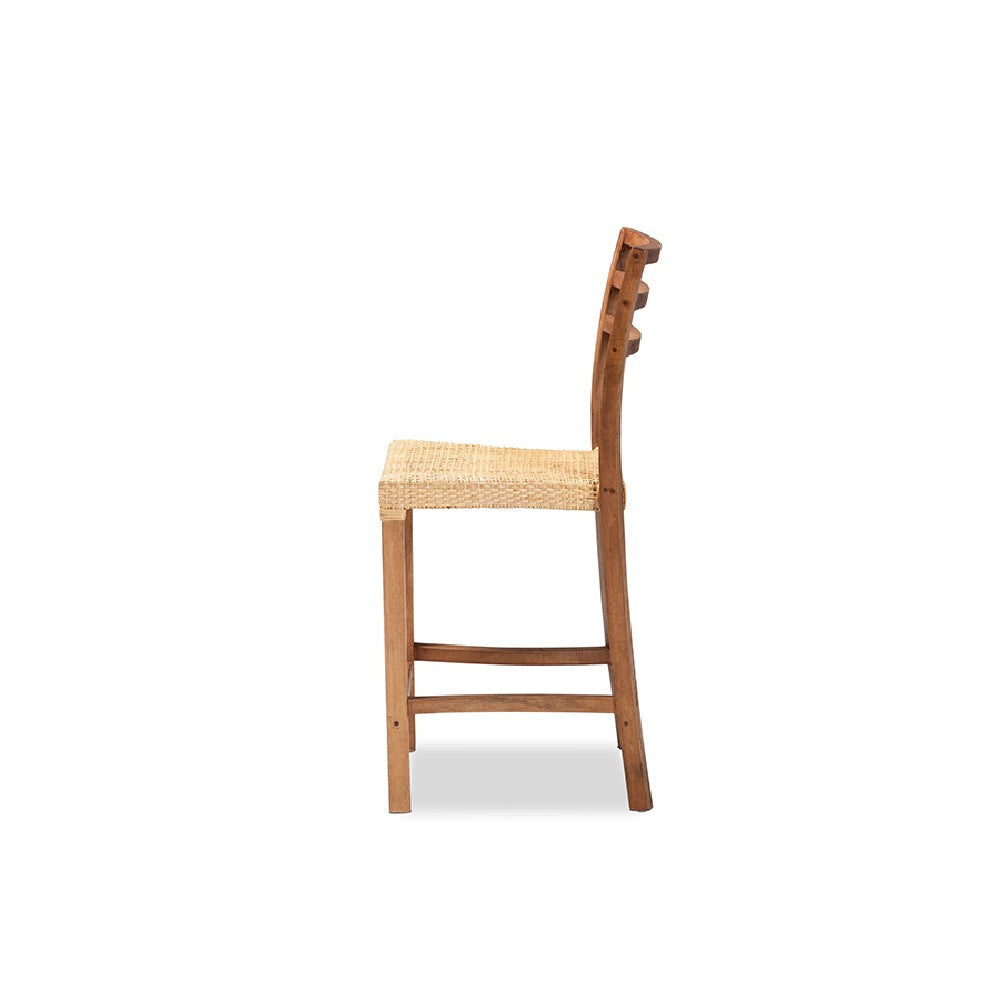 bali & pari Arthur Mid-Century Modern Walnut Brown Mahogany Wood and Natural Rattan Counter Stool WHI-Arthur-Teak-CS
