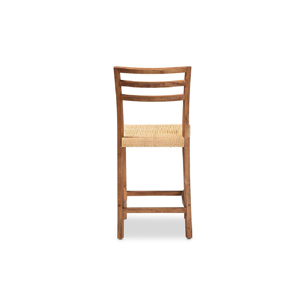 bali & pari Arthur Mid-Century Modern Walnut Brown Mahogany Wood and Natural Rattan Counter Stool WHI-Arthur-Teak-CS