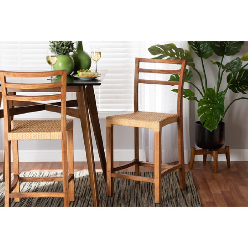bali & pari Arthur Mid-Century Modern Walnut Brown Mahogany Wood and Natural Rattan Counter Stool