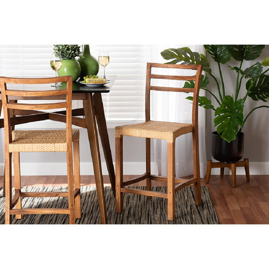 bali & pari Arthur Mid-Century Modern Walnut Brown Mahogany Wood and Natural Rattan Counter Stool