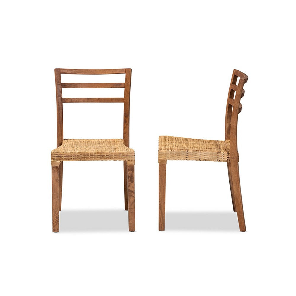 bali & pari Arthur Mid-Century Modern Walnut Brown Mahogany Wood and Natural Rattan 2-Piece Dining Chair Set WHI-Arthur-Teak-DC