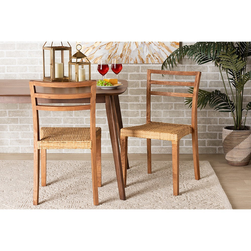bali & pari Arthur Mid-Century Modern Walnut Brown Mahogany Wood and Natural Rattan 2-Piece Dining Chair Set WHI-Arthur-Teak-DC