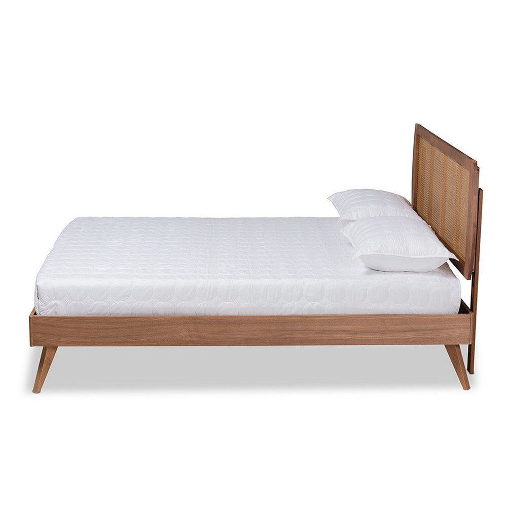 Baxton Studio Asami Mid-Century Modern Walnut Brown Finished Wood and Synthetic Rattan Full Size Platform Bed