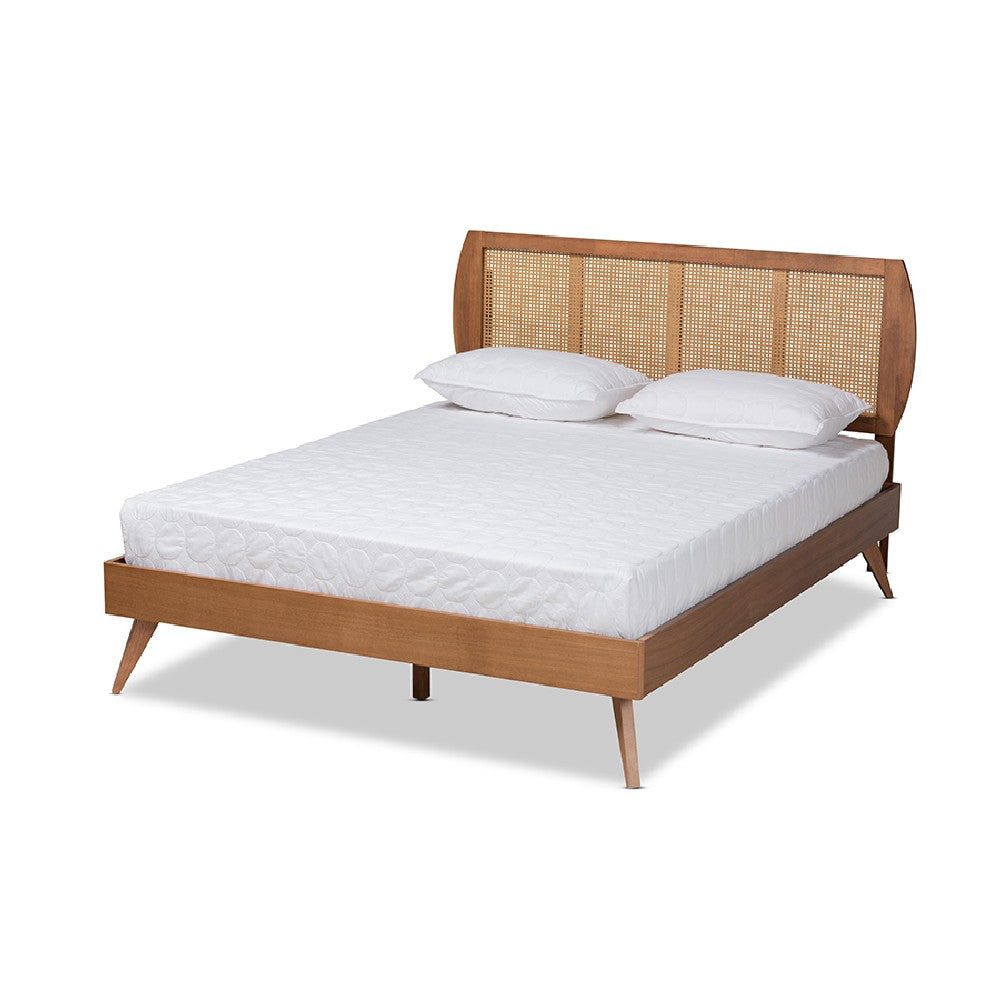 Baxton Studio Asami Mid-Century Modern Walnut Brown Finished Wood and Synthetic Rattan King Size Platform Bed