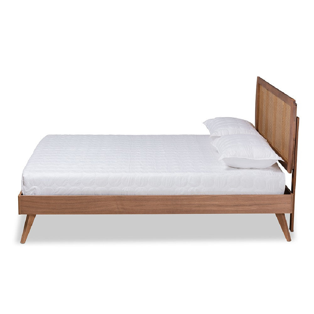 Baxton Studio Asami Mid-Century Modern Walnut Brown Finished Wood and Synthetic Rattan King Size Platform Bed