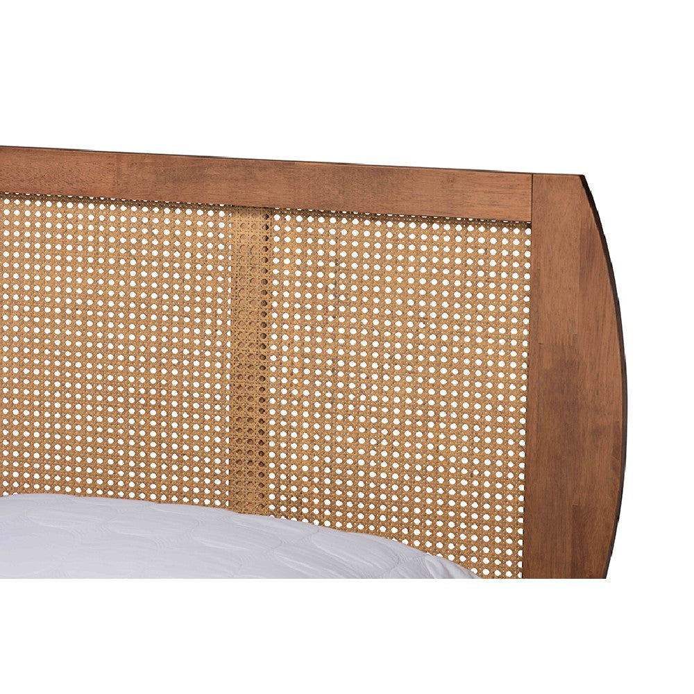 Baxton Studio Asami Mid-Century Modern Walnut Brown Finished Wood and Synthetic Rattan King Size Platform Bed