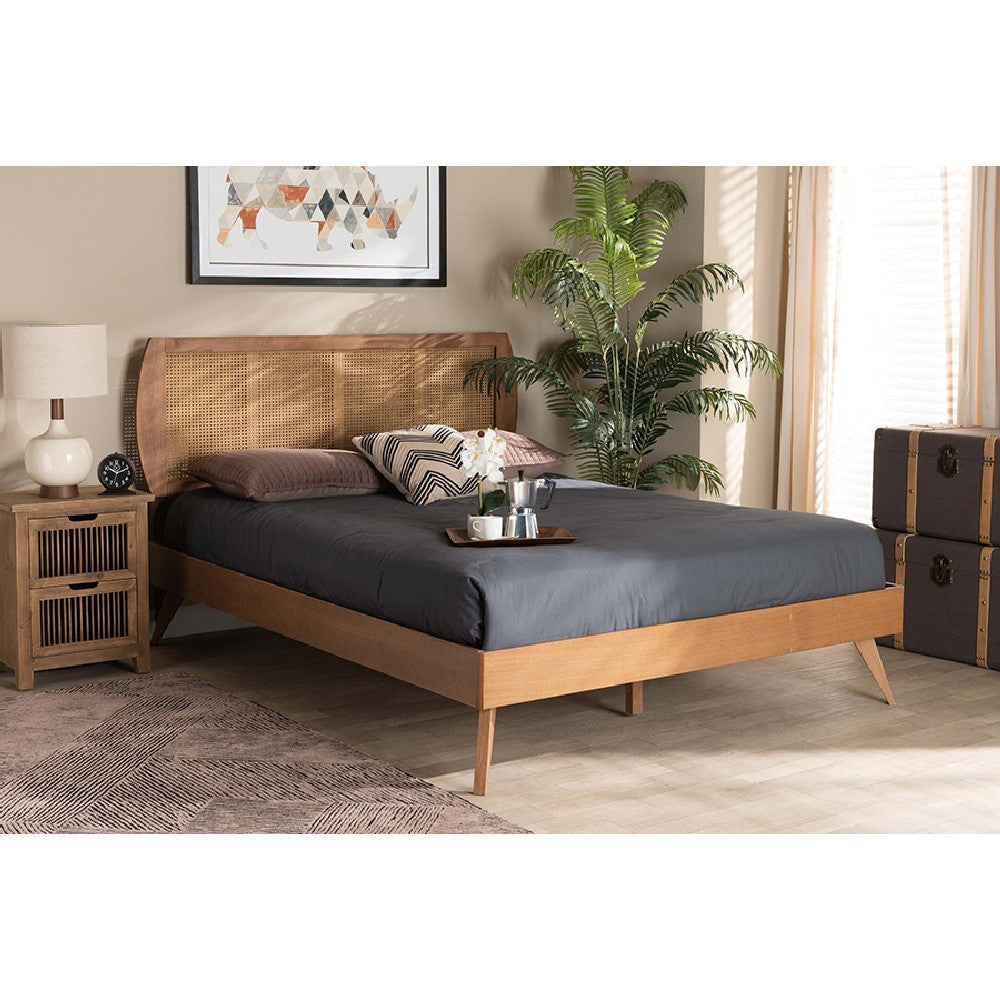 Baxton Studio Asami Mid-Century Modern Walnut Brown Finished Wood and Synthetic Rattan King Size Platform Bed