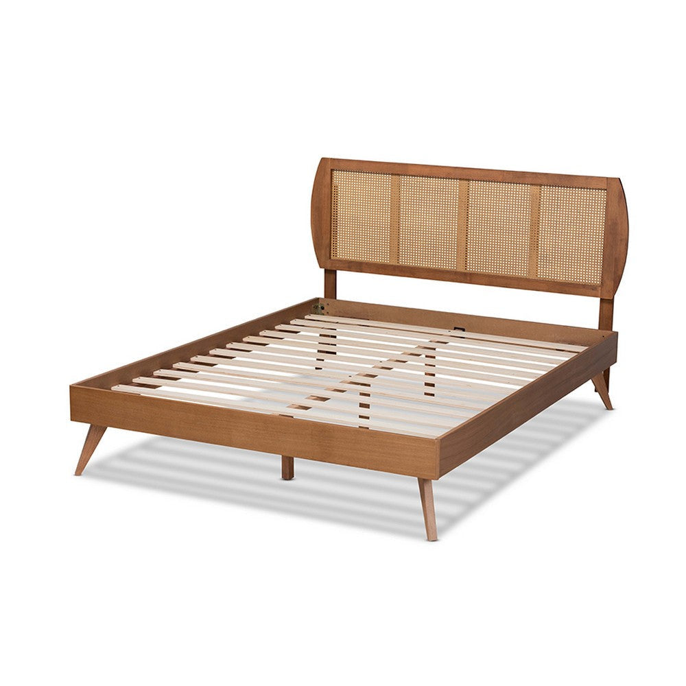 Baxton Studio Asami Mid-Century Modern Walnut Brown Finished Wood and Synthetic Rattan Queen Size Platform Bed