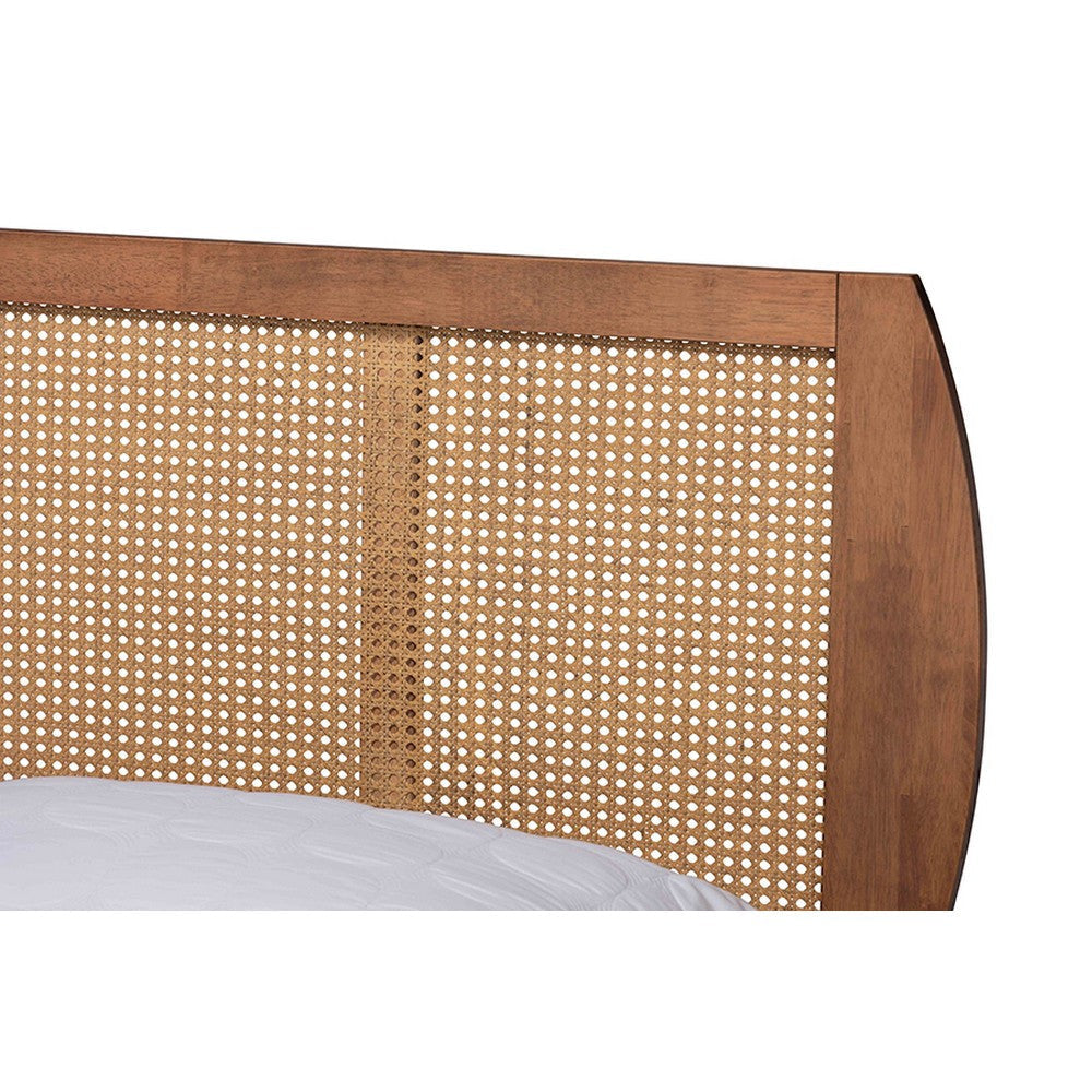 Baxton Studio Asami Mid-Century Modern Walnut Brown Finished Wood and Synthetic Rattan Queen Size Platform Bed